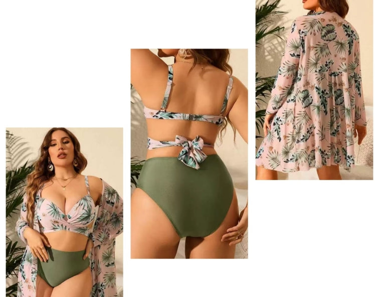Bikini 3PCS KIMONO ROSEPALE FEUILLE VERTKAKI